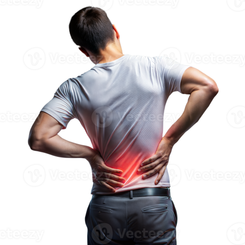 Man suffering from back pain holding his lower back with highlighted pain area on transparent background png