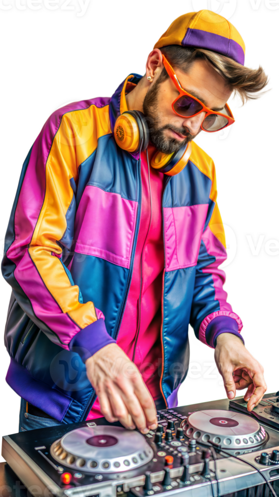 masculino dj dentro anos 90 equipamento mistura música com fones de ouvido e colorida roupas em transparente fundo png