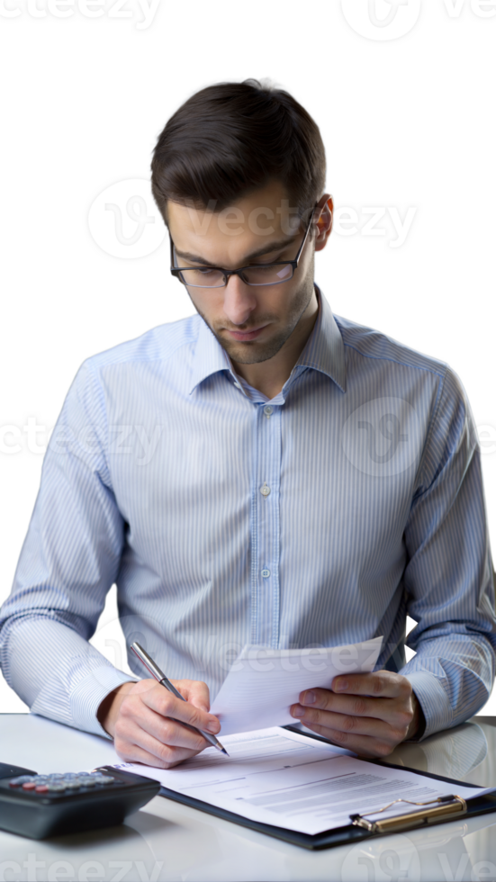 Businessman reviewing financial documents and performing calculations on a transparent background png
