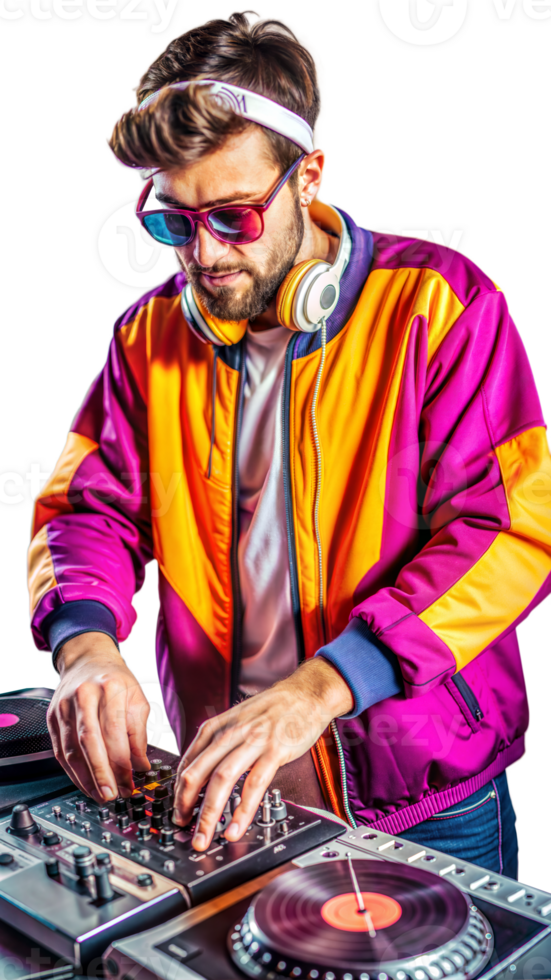 masculino dj dentro vibrante anos 90 equipamento mistura música em gira-discos com uma transparente fundo png