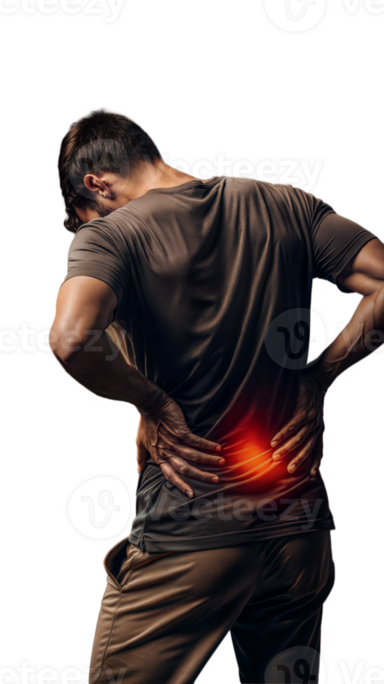 Person suffering from back pain with highlighted lower back on transparent background png