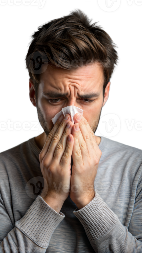 Man with allergy symptoms sneezing into tissue on a transparent background png