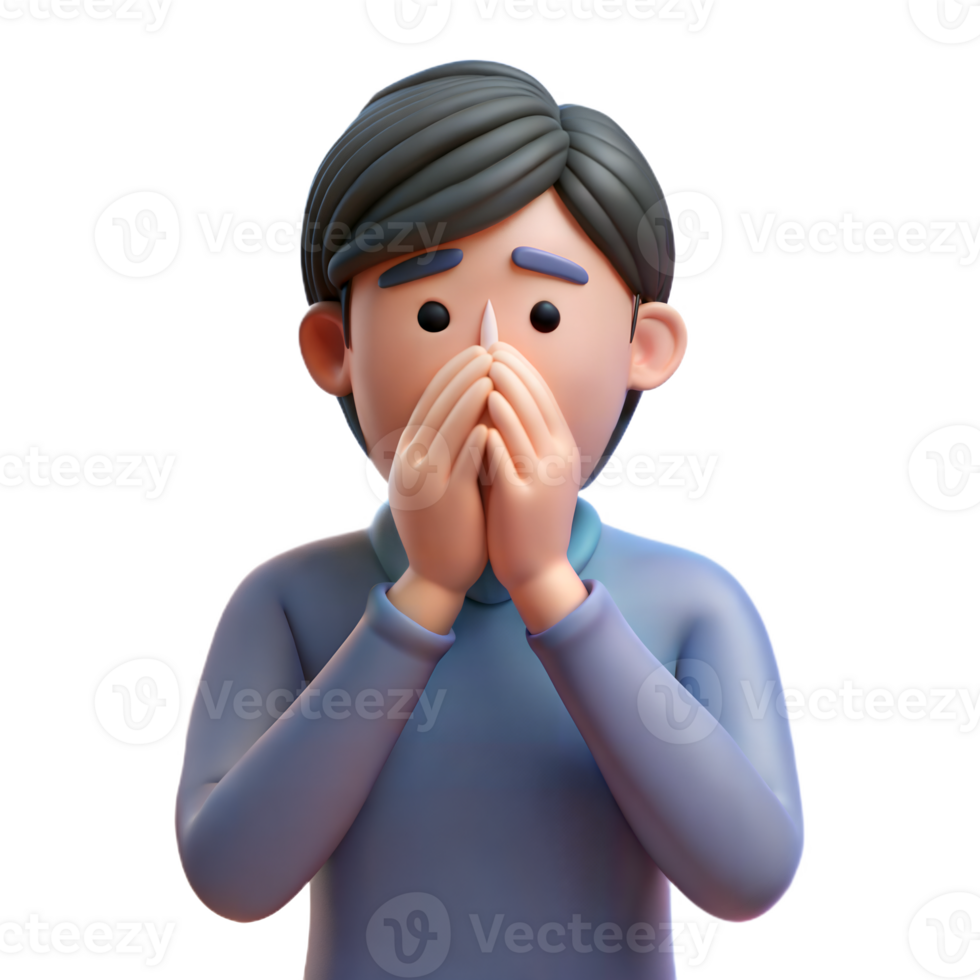 3D illustration of a person possibly sneezing or rubbing their nose due to allergies on a transparent background png