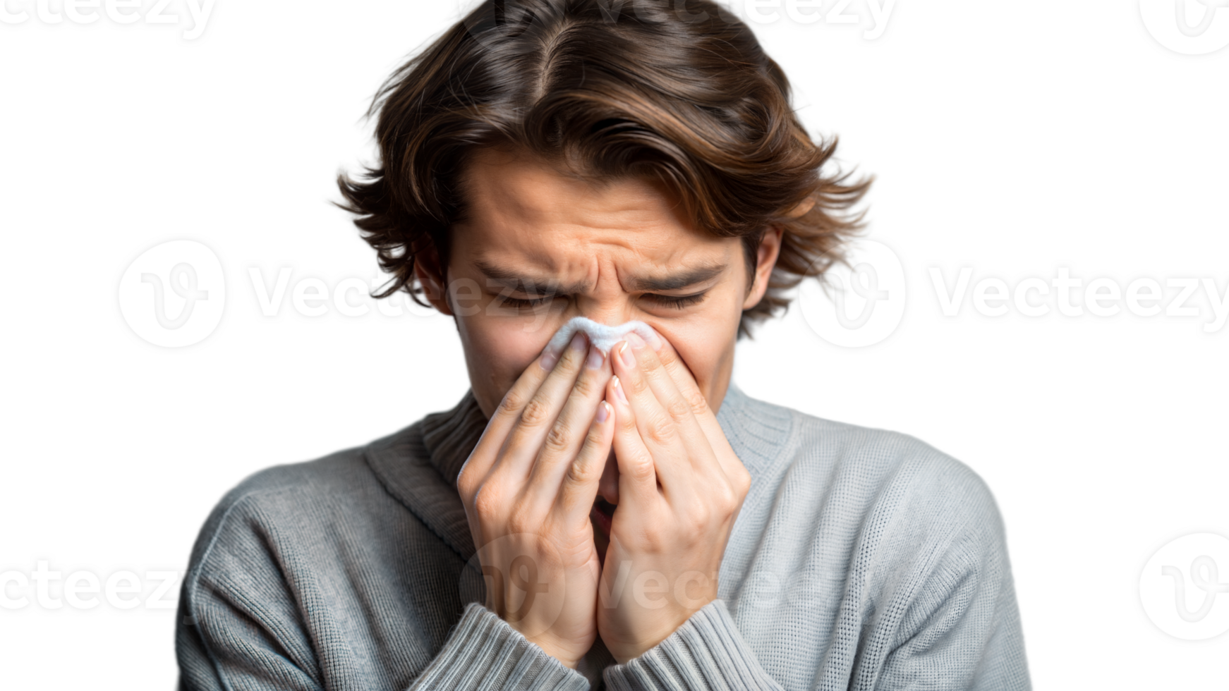 Person experiencing allergies possibly sneezing into tissue on transparent background png