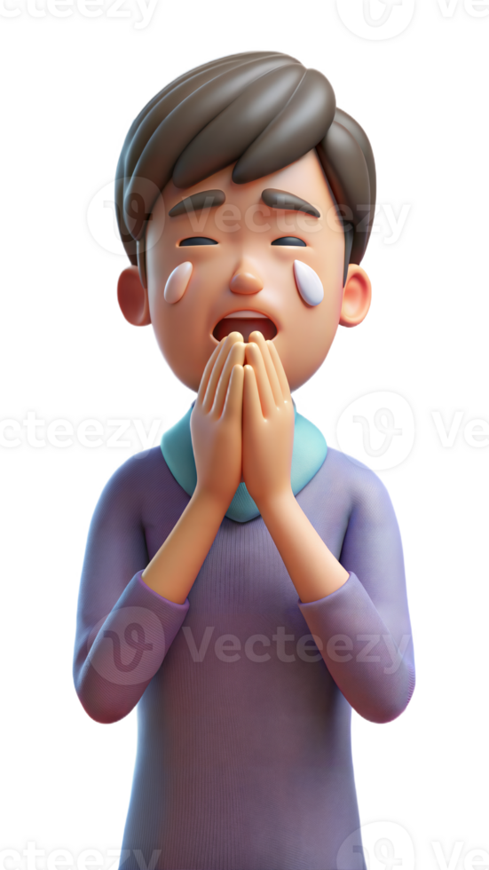 Animated character sneezing or rubbing eyes due to allergies on transparent background png