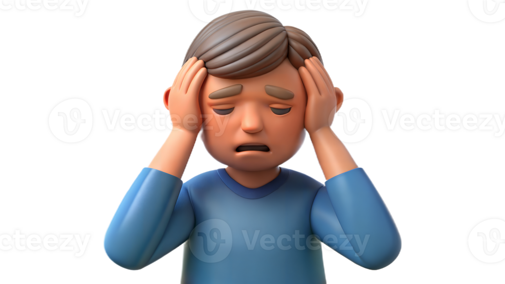 Animated character holding head in pain, showing stress or headache on transparent background png
