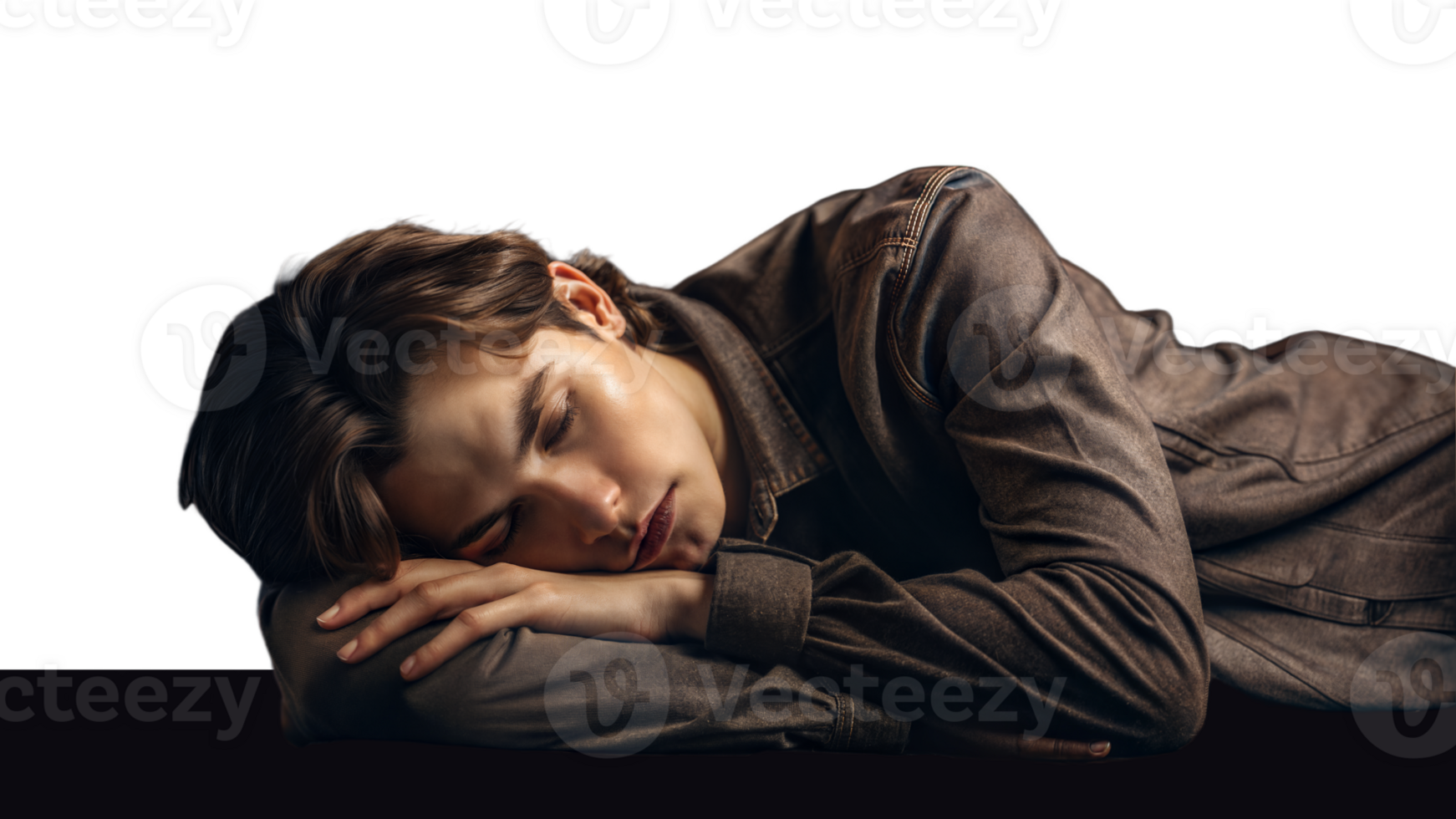 Person feeling tired and sleepy resting on a pillow with a transparent background png