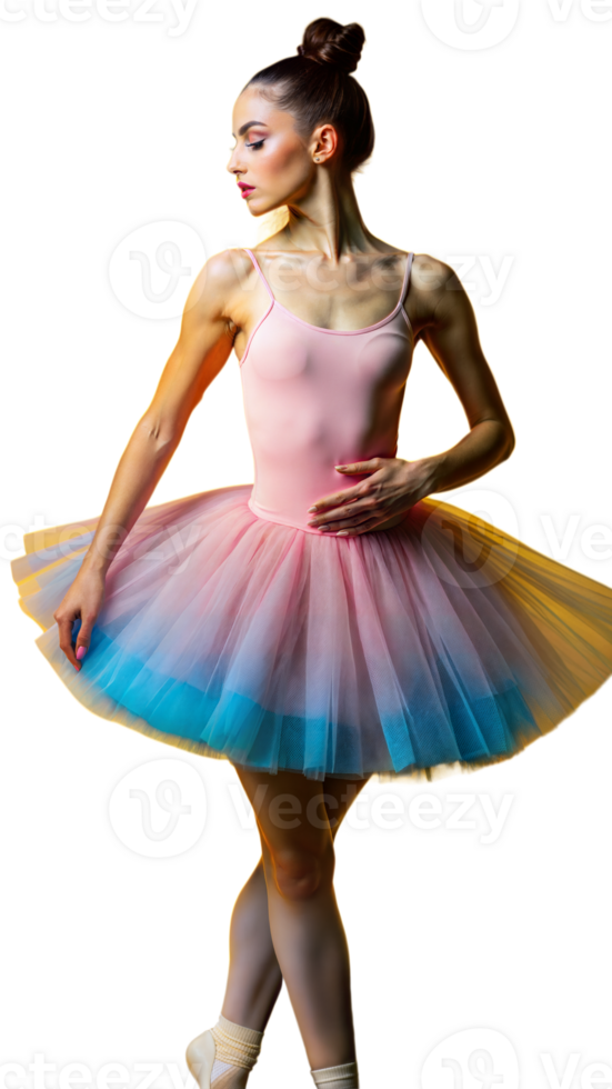 Elegant ballerina in colorful tutu posing gracefully on a transparent background png