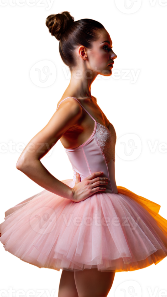 Full body portrait of a graceful female ballerina in a pink tutu on a transparent background png