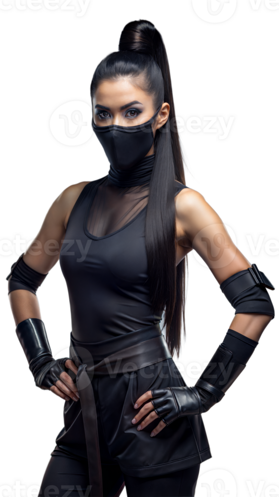 voll Körper Porträt von ein weiblich Ninja posieren selbstbewusst auf ein transparent Hintergrund png