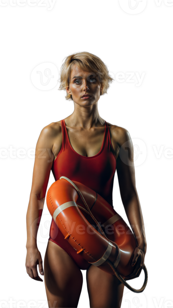 Full body picture of a serious female lifeguard holding a life buoy on a transparent background png