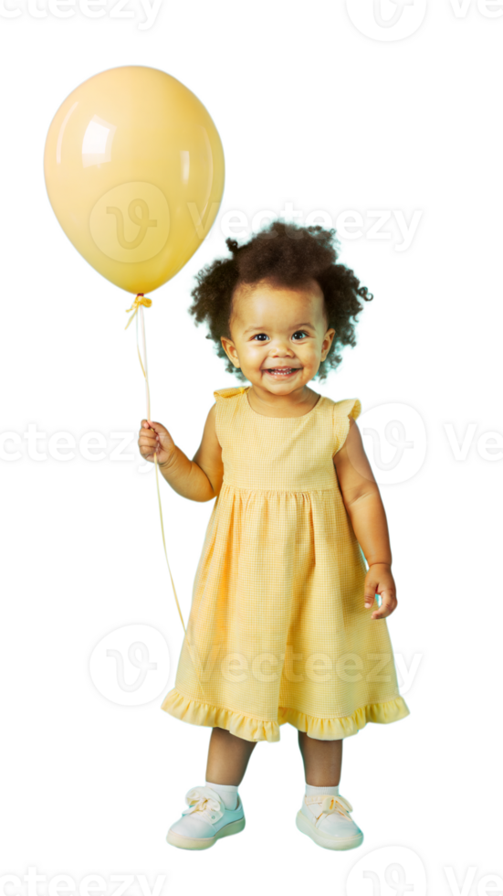 Happy toddler girl in yellow dress holding balloon on transparent background png
