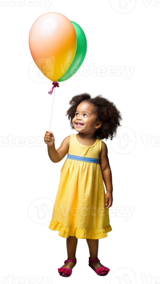 Happy toddler girl holding a colorful balloon on a transparent background png