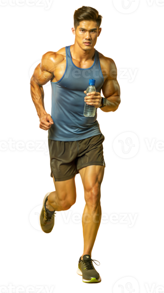 Full body image of confident male athlete running with water bottle on transparent background png