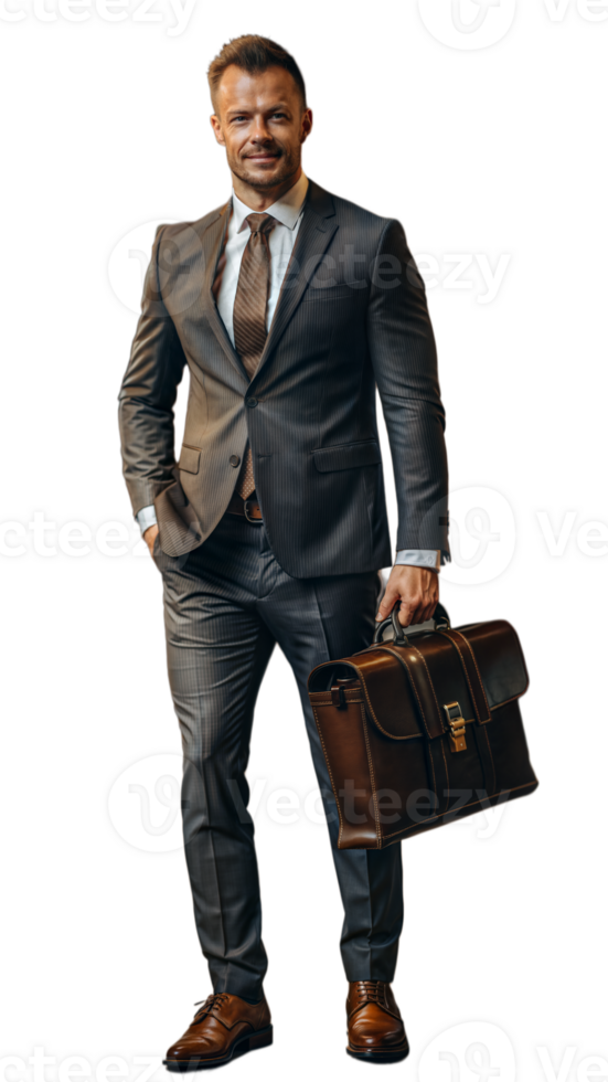 Confident businessman in suit holding a leather briefcase on transparent background png