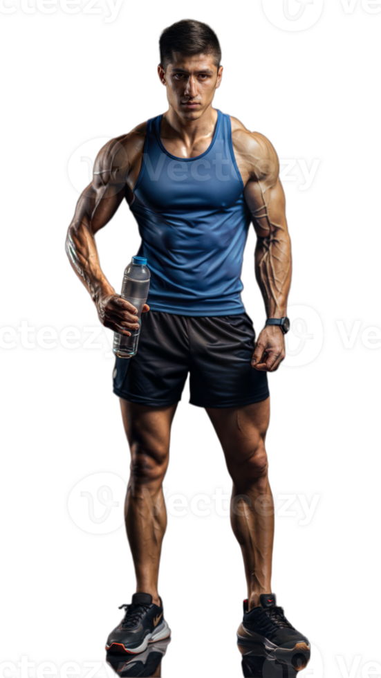 Full body view of a male athlete in his twenties holding a water bottle on transparent background png