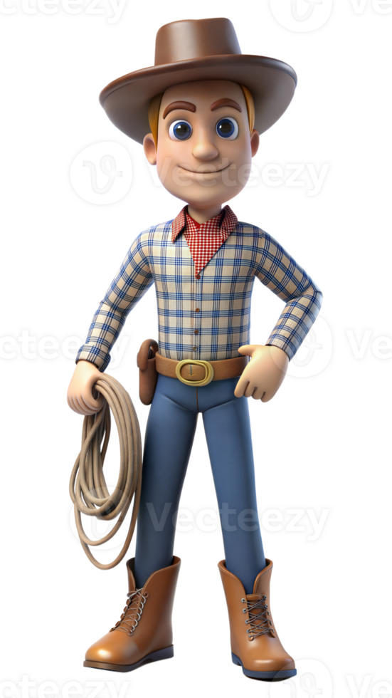 3D cartoon cowboy character with rope in hand on transparent background png