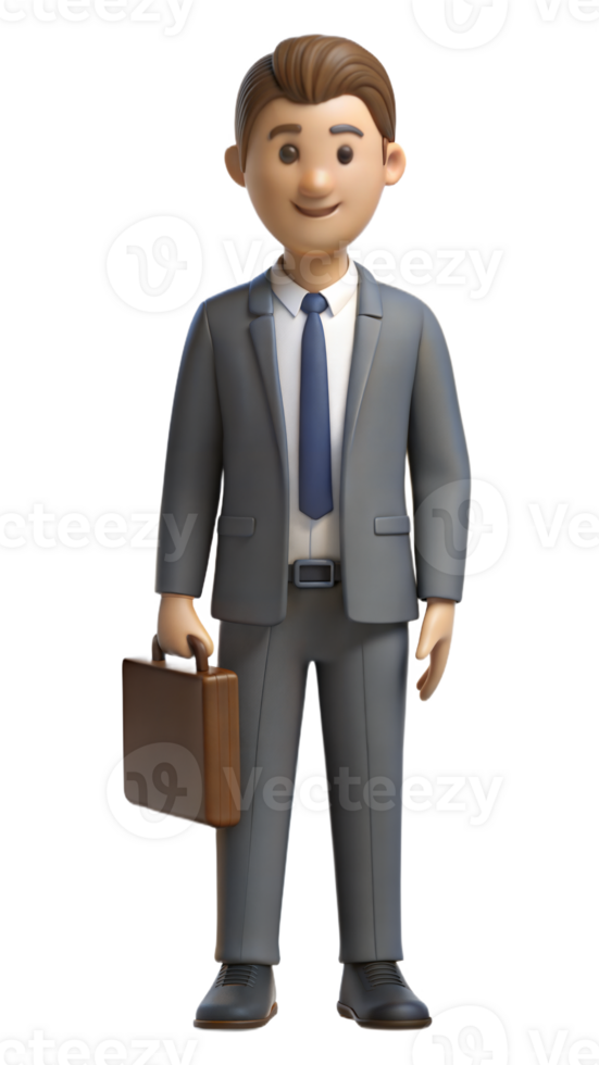 3D illustration of a smiling business professional holding a briefcase on a transparent background png