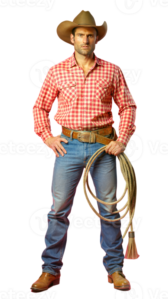 Full body portrait of a cowboy in a red plaid shirt, jeans, and cowboy hat holding a lasso on a transparent background png