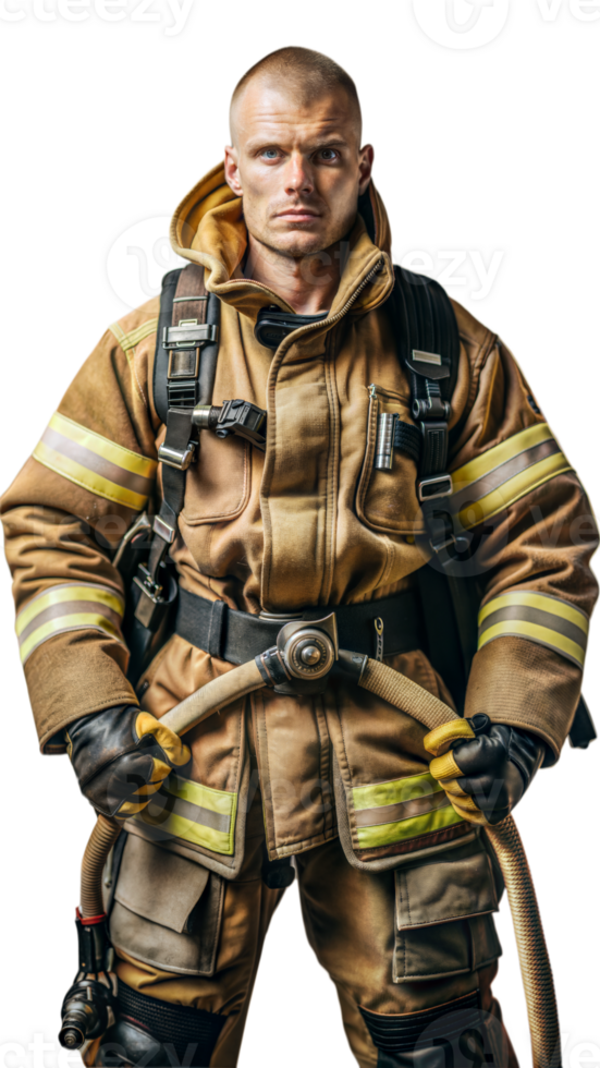 Full body portrait of a male firefighter in uniform with firefighting equipment on a transparent background png