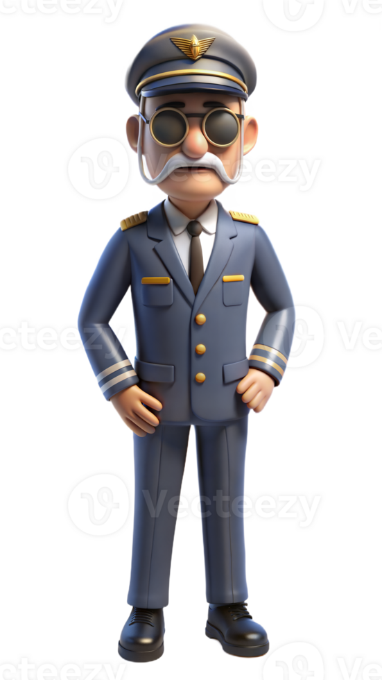 Full body illustration of a male pilot in his fifties wearing a uniform and glasses on a transparent background png