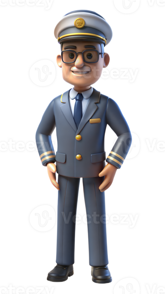 Full body illustration of an older male pilot in uniform standing confidently on a transparent background png
