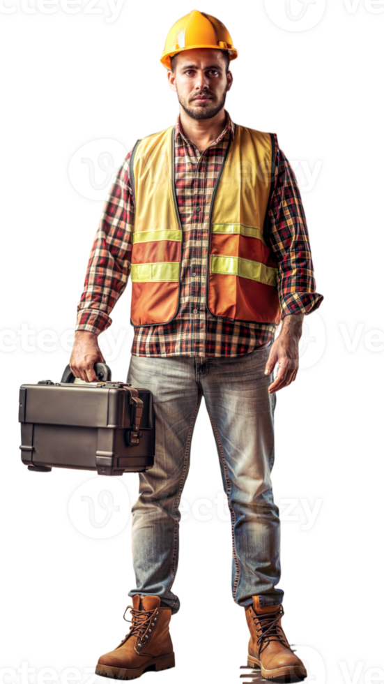 Full body image of a male construction worker carrying a toolbox on a transparent background png