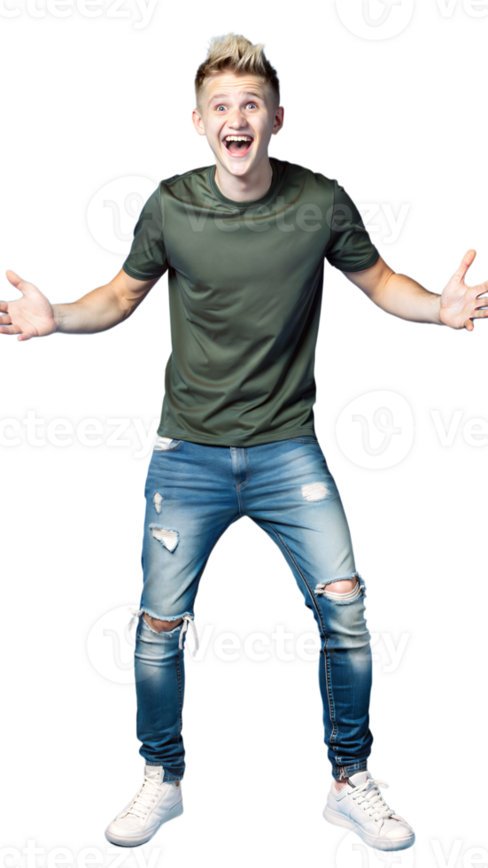 Full body shot of an excited teenage boy in casual jeans and a green t-shirt on a transparent background png