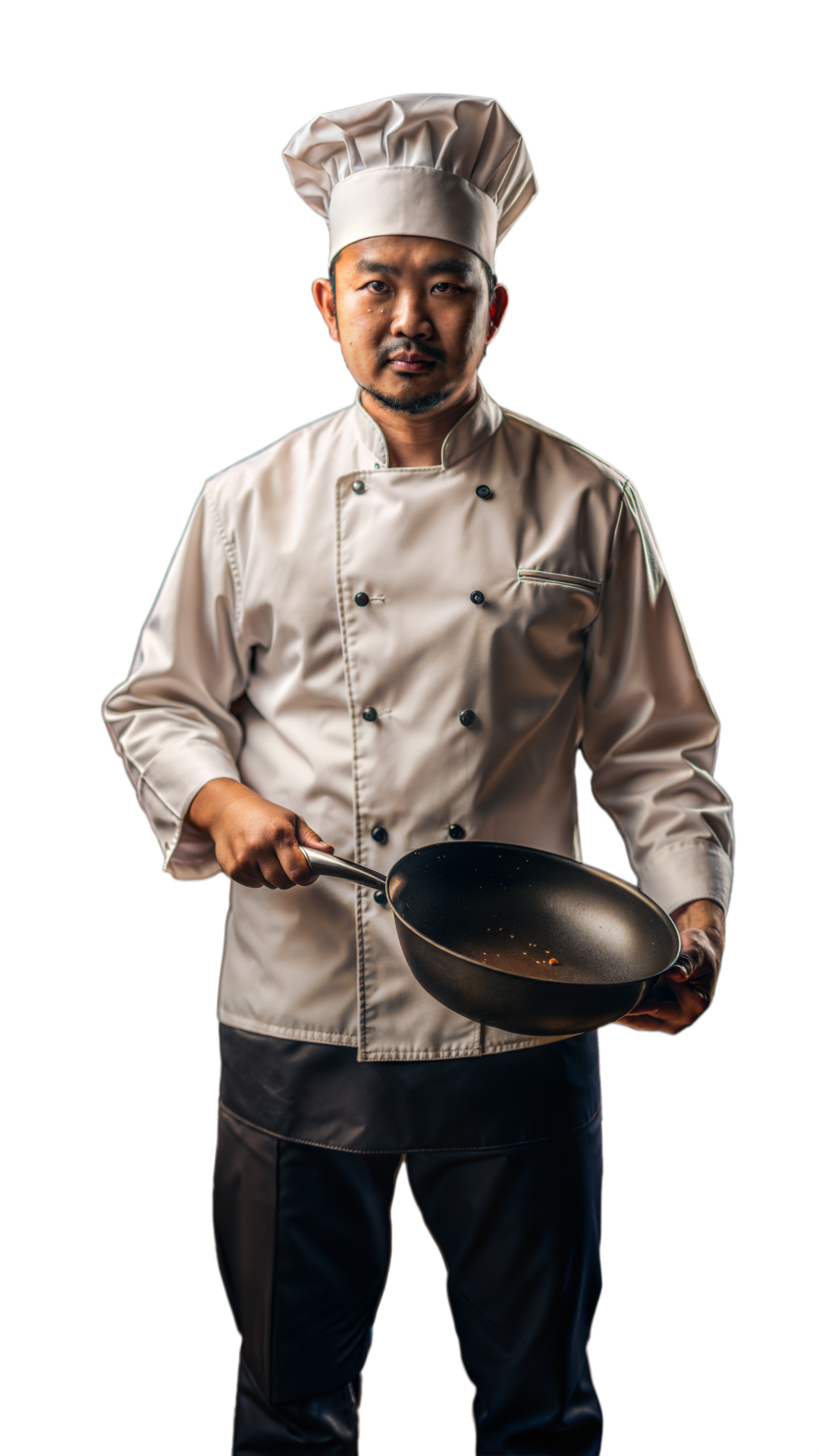 Professional Middle aged Male Chef In Uniform Holding A Frying Pan On A professional-middle-aged-male-chef-in-uniform-holding-a-frying-pan-on-a