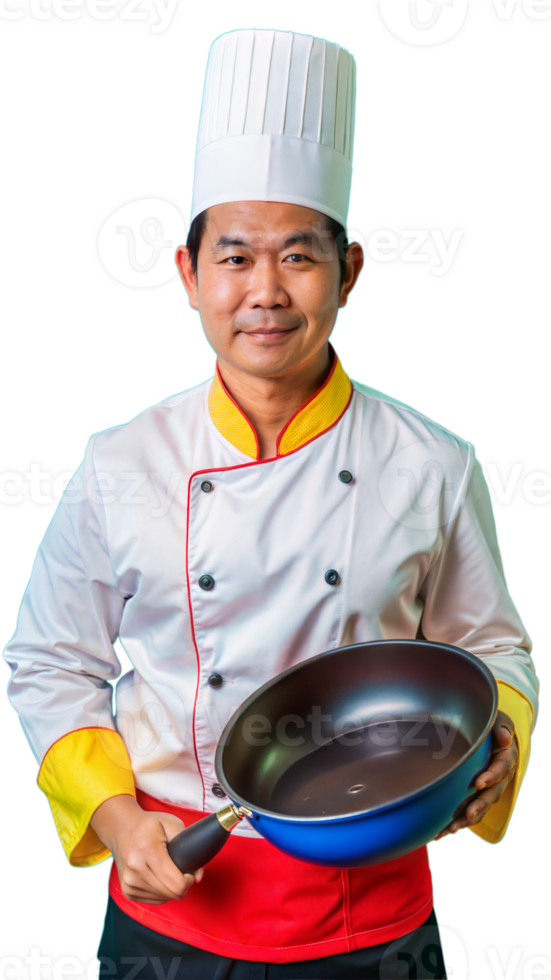 Full body portrait of a middle-aged male chef holding a frying pan on a transparent background png