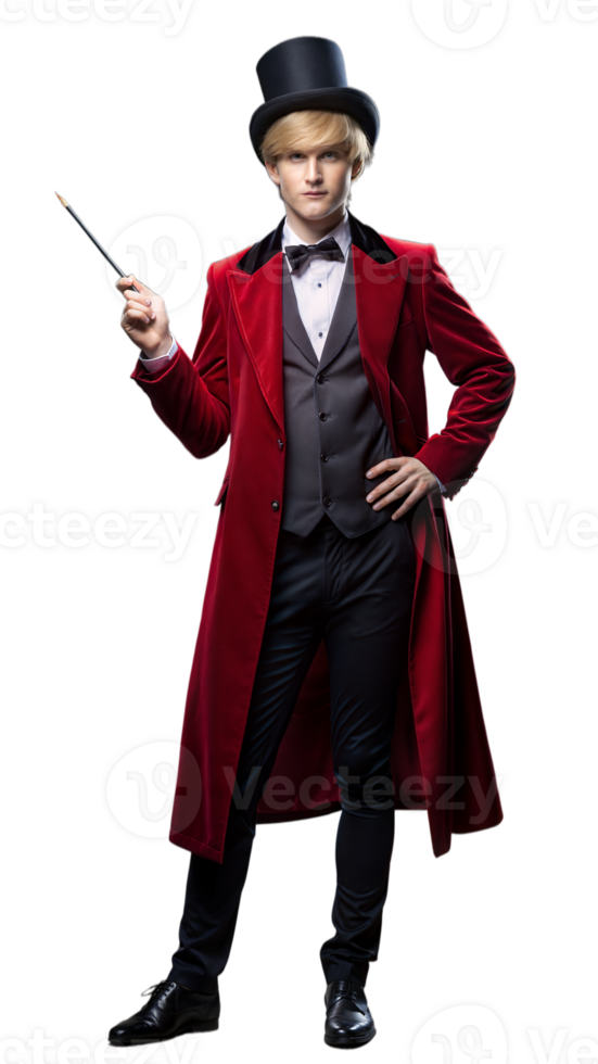 Young male magician in top hat and red coat performing with a wand on transparent background png