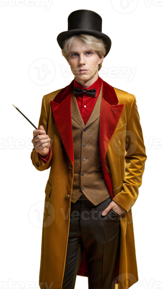 Young male magician in a gold and red suit performing magic with a wand on a transparent background png