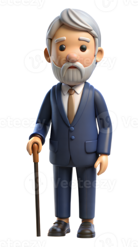 Full body illustration of elderly man with cane in suit on transparent background png
