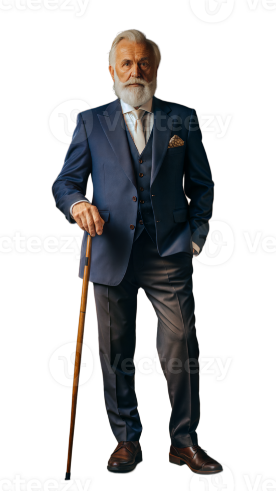 Full body portrait of elderly man in elegant suit with cane on transparent background png