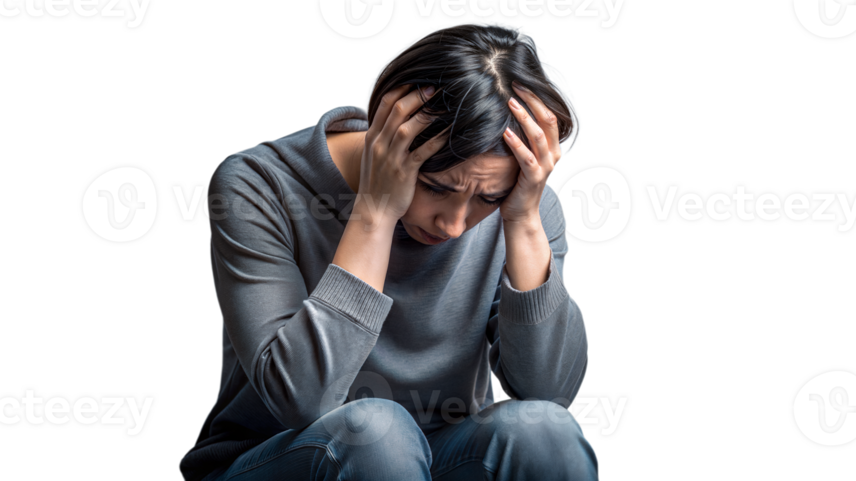 Person feeling depressed with head in hands isolated on transparent background png