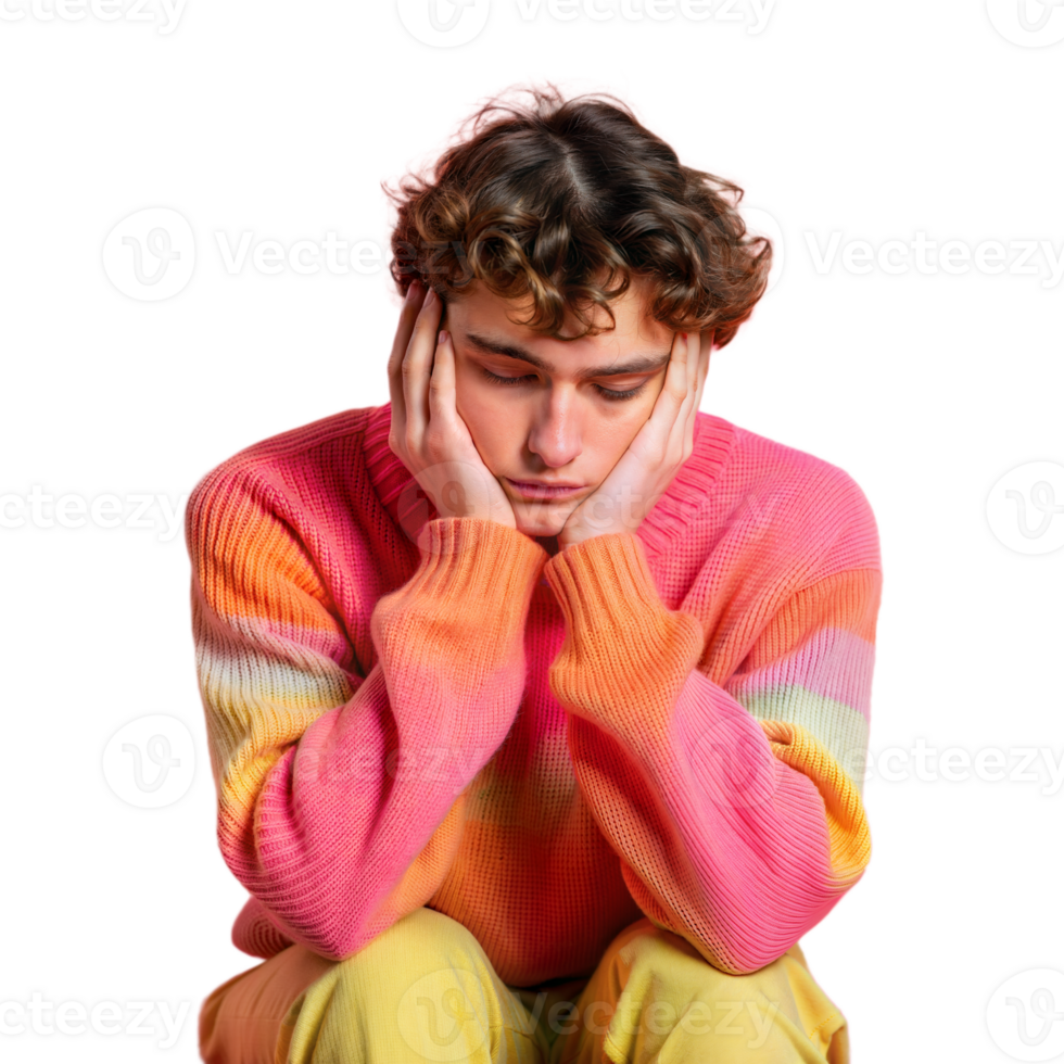 Young person feeling depressed and showing signs of sadness and contemplation on a transparent background png