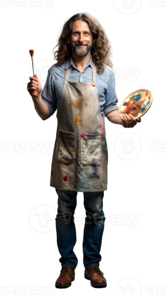 Full body portrait of a smiling male artist in his forties with painting tools on transparent background png