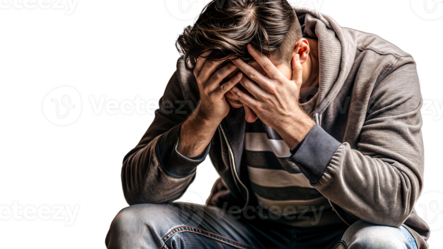 Depressed person with head in hands showing signs of sadness on transparent background png