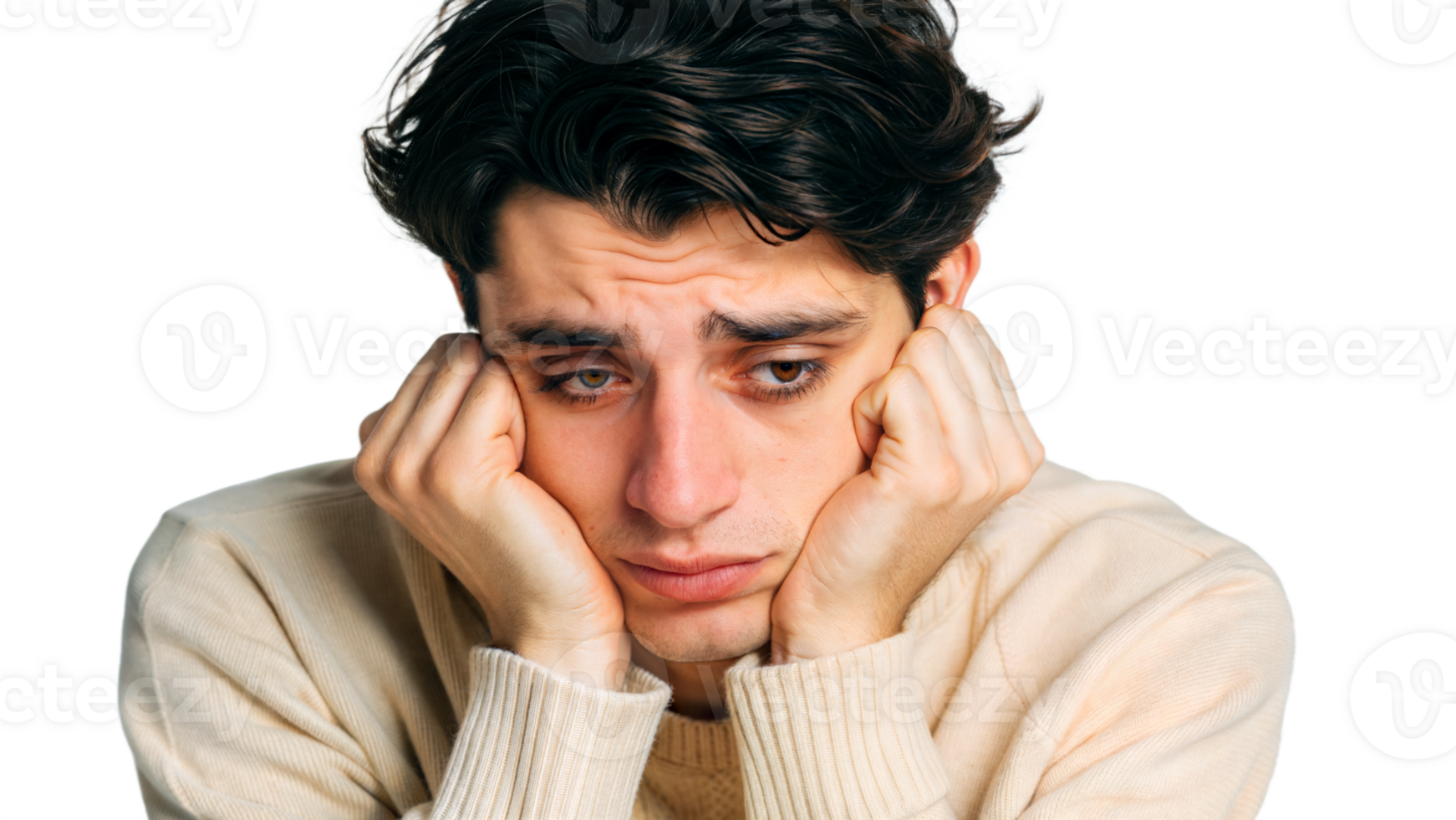 Young man feeling sad and depressed, looking down in contemplation on transparent background png