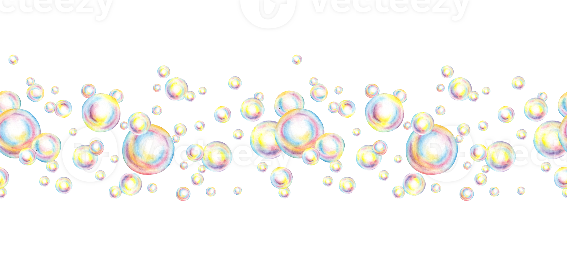 Soap bubbles rainbow foam pattern horizontal watercolor illustration. Summer toy symbol, bath time, carnival, bubble party. Isolated from the background. For the design of banners, cards, flyers png