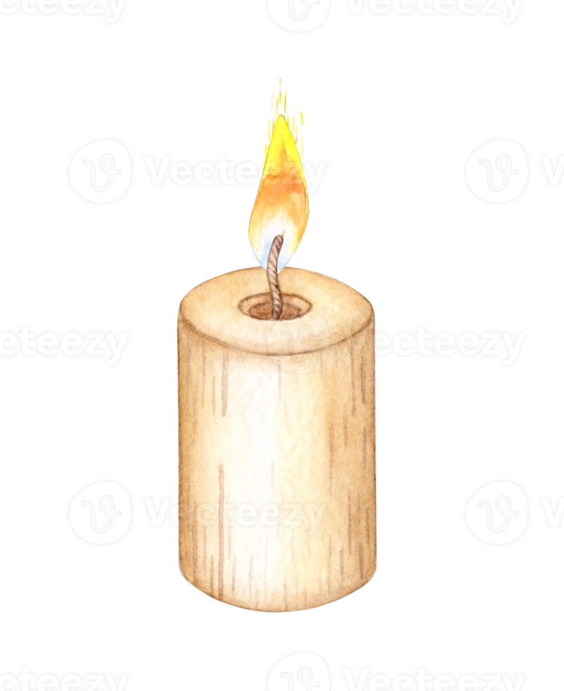 Rustic cylindrical burning candle watercolor illustration. Isolated from the background. The candle has a warm, natural tone and is perfect for adding a cozy touch to any design. png