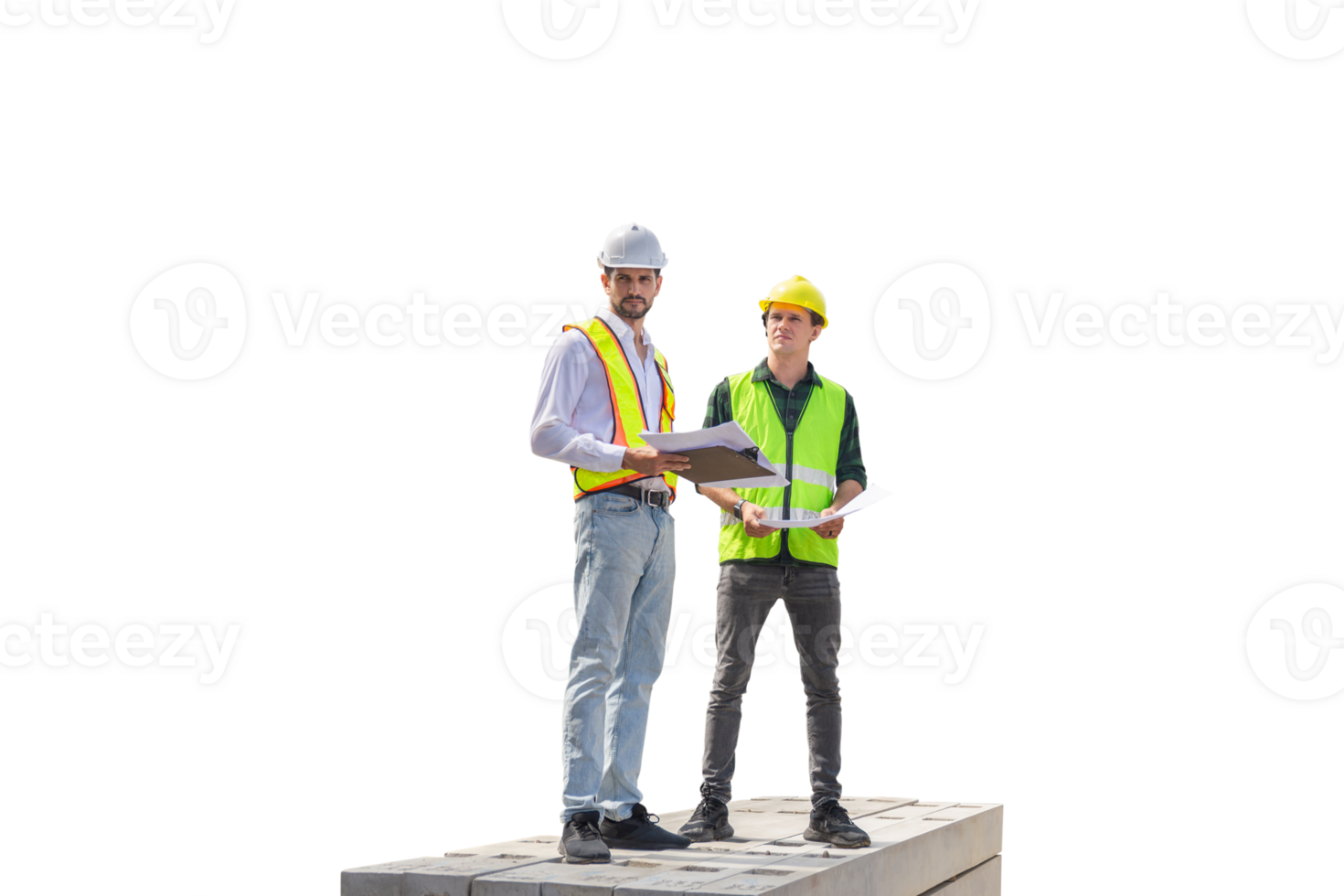 Engineer and foreman worker checking project at building site, Engineer and builders in hardhats discussing on construction site png