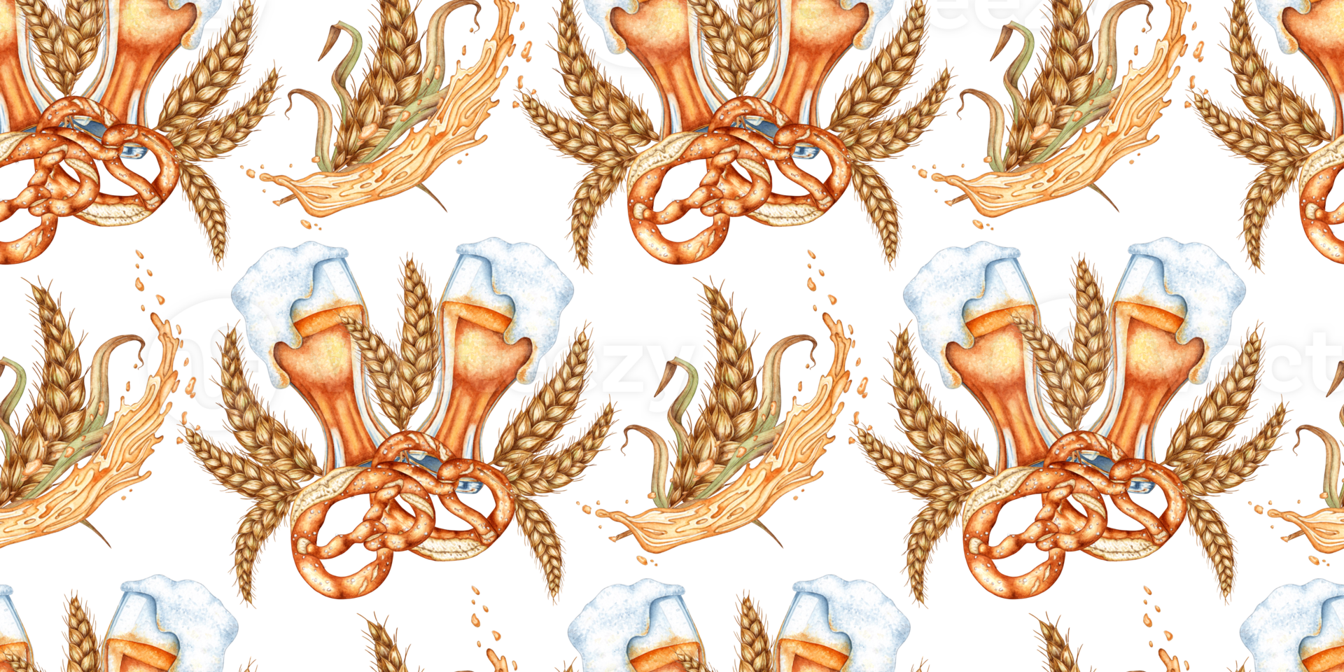 Two glasses of beer, two pretzels and ears of wheat pattern watercolor illustration. Harvest festival, Oktoberfest beer festival. Compositions for posters, cards, banners, flyers, covers, playbills png