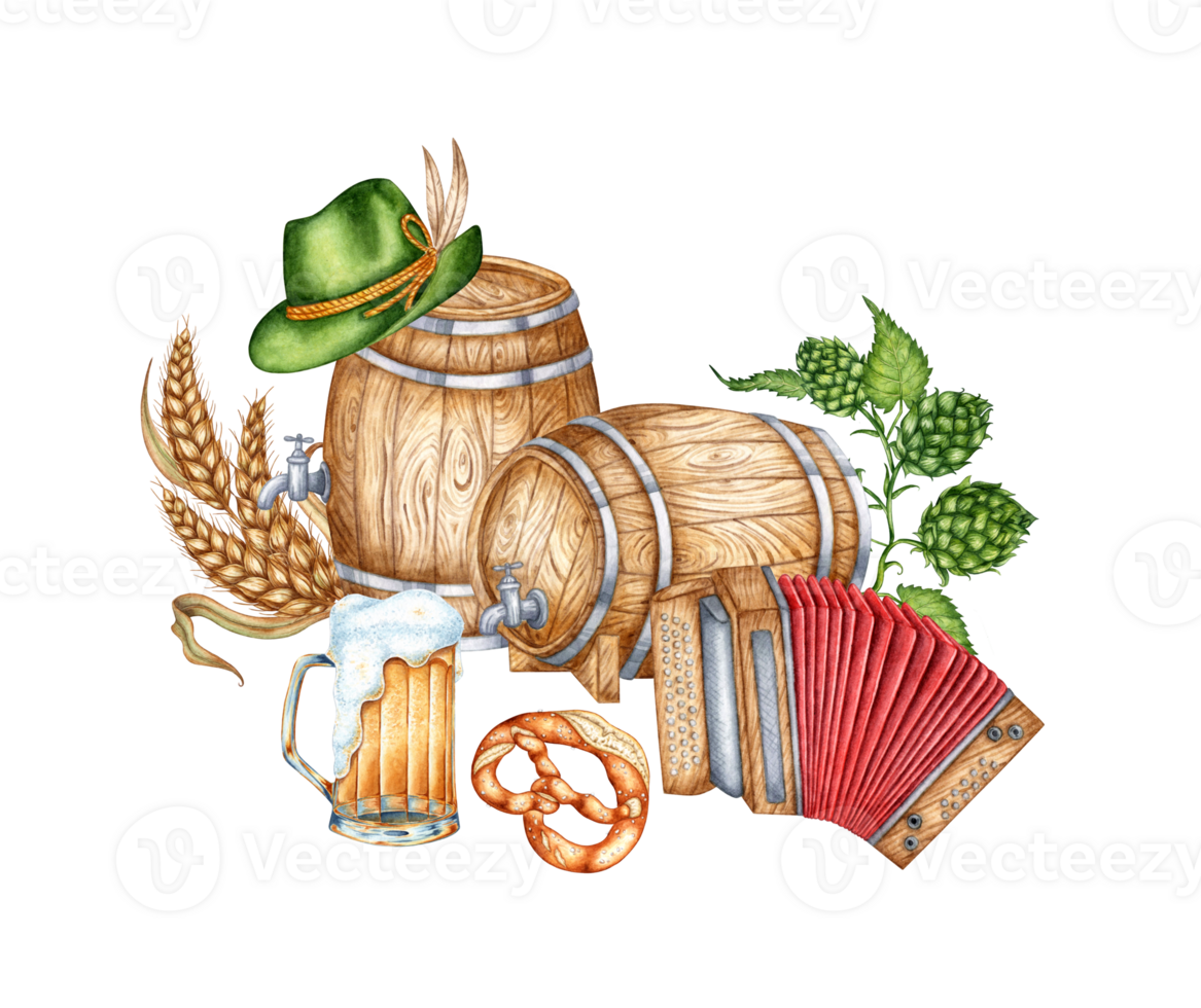 Two wooden beer barrels, green hat, accordion, beer mug, pretzel, wheat and hops, Oktoberfest, beer festival watercolor illustration. Ideal for holiday designs, invitations and decorations. png