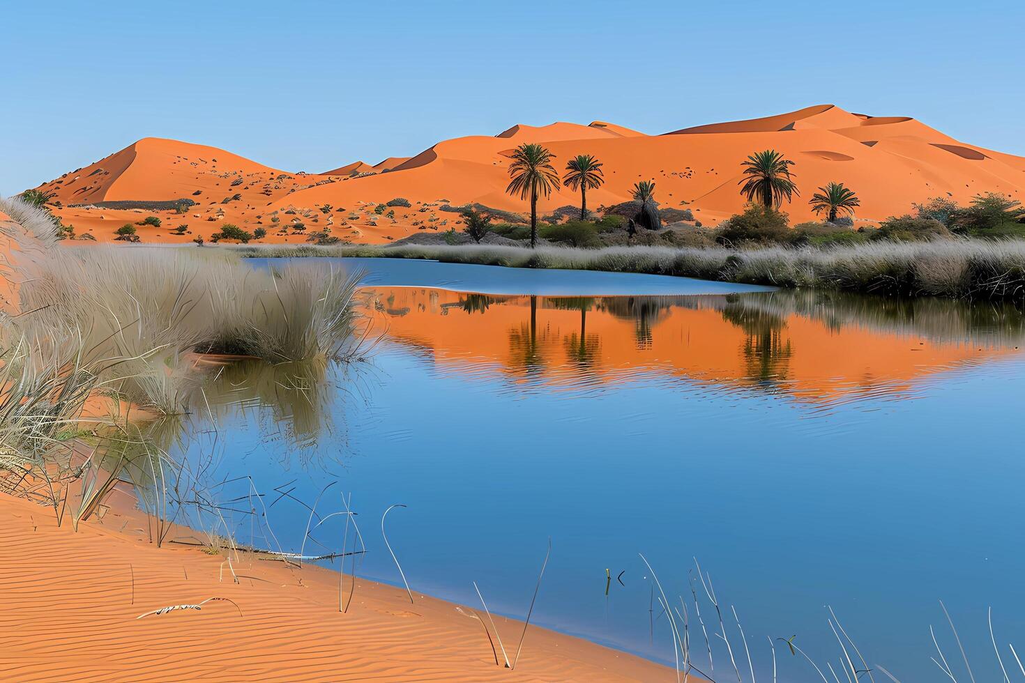 An oasis with calm waters reflects sand dunes and palm trees, contrasting sharply against the blue sky and orange desert hues photo