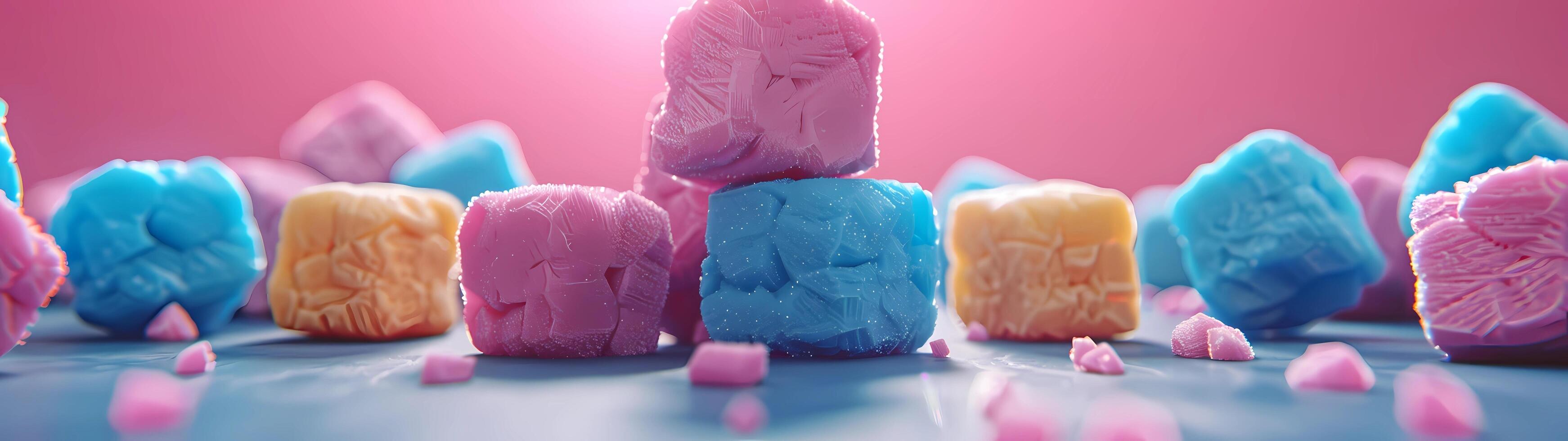 A collection of blue, pink, and yellow rectangular soap cubes with diverse textures photo