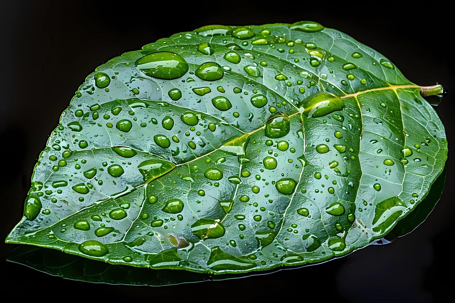 A vibrant green leaf adorned with water droplets stands out against a black background, highlighting nature's beauty and vitality photo