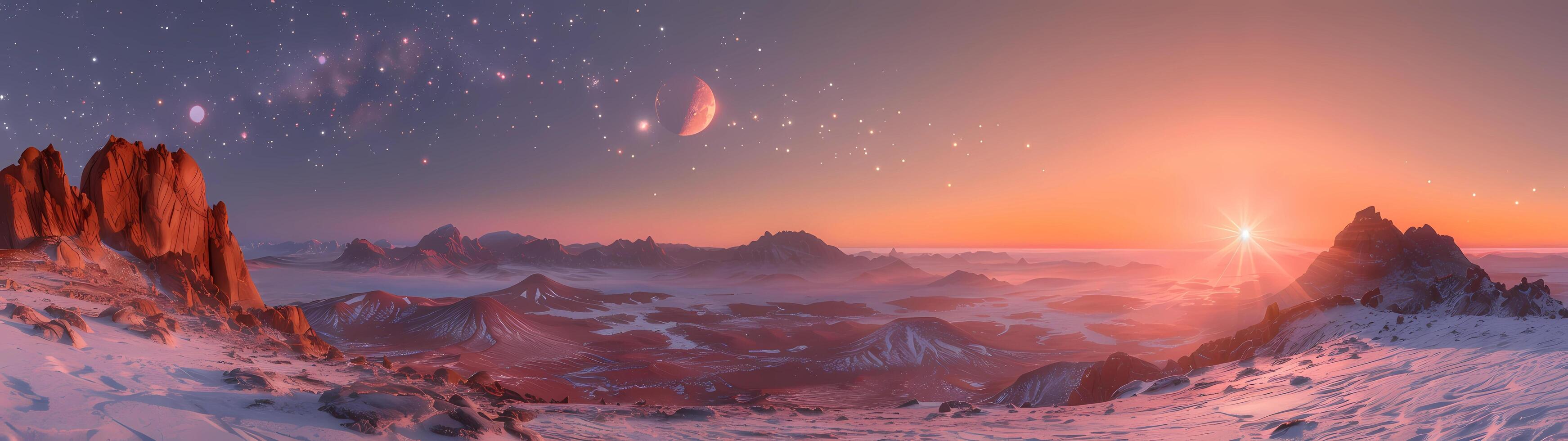A panoramic vista of an icy alien terrain features red mountains, a setting sun, and stars twinkling above photo