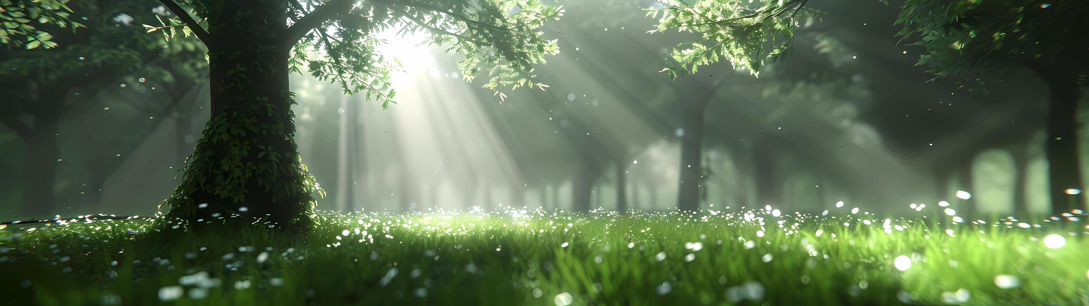 In a peaceful forest clearing, the sunlight filters through the canopy of trees, casting dappled shadows on the lush green grass and delicate white flowers, creating an enchanting and tranquil scene photo