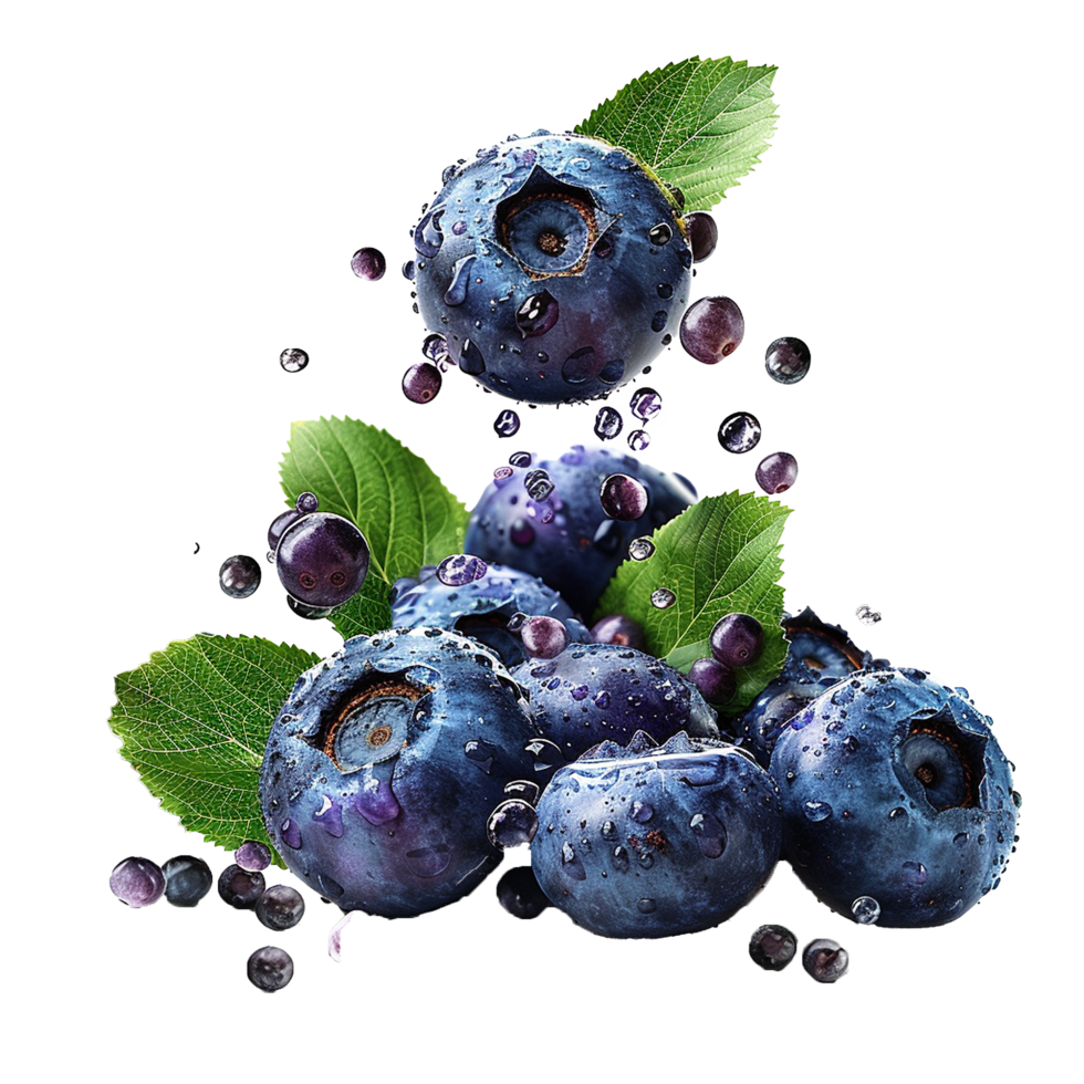 Fresh ripe bilberry and green leaf flying isolated on transparent background png